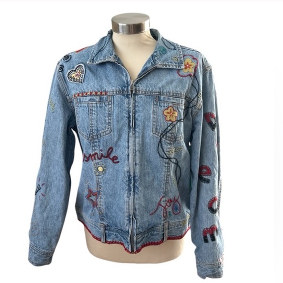 Chico's Jackets & Blazers - Vintage Chico's Embroidered happy peace smile demin Jacket